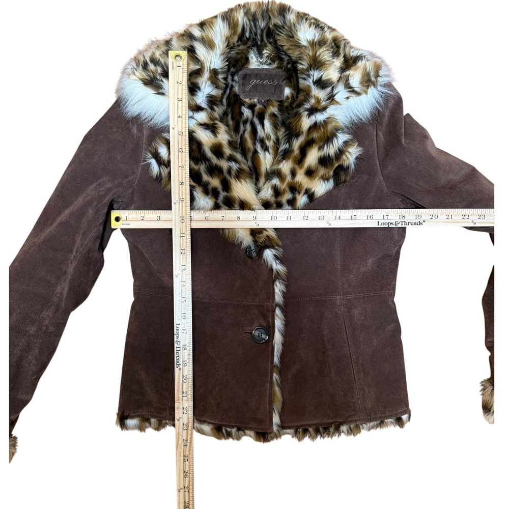 Guess Suede Leather Jacket Y2K Women Medium Brown Leopard Faux Fur Vintage Style - Picture 6 of 7